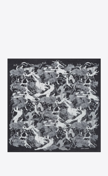 SAINT LAURENT Squared Scarves Man Bandanna with Ancient Greece print in black and gray cotton voile b_V4